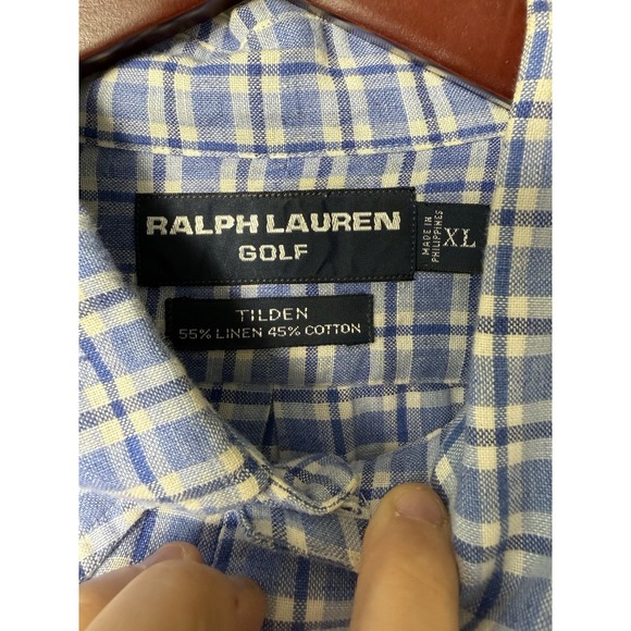 Ralph Lauren Golf Tilden Shirt XL Linen Cotton Blue White Plaid Long Sleeve - Picture 6 of 7